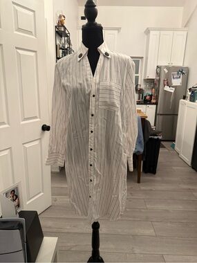 Zara White Shirt Dress with Thin Black Pinstripes